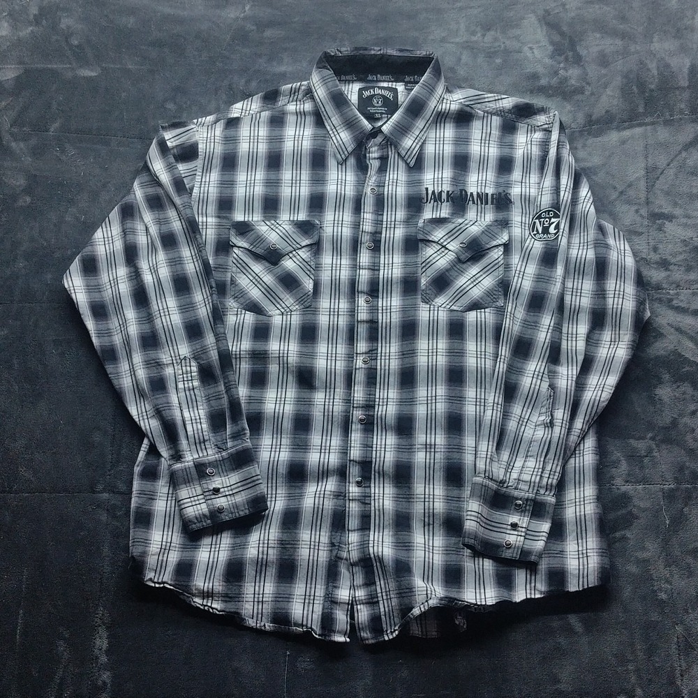 Jack Daniel's Plaid Western Snap Shirt Men's XL BlackGray Pearl Snap Long Sleeve